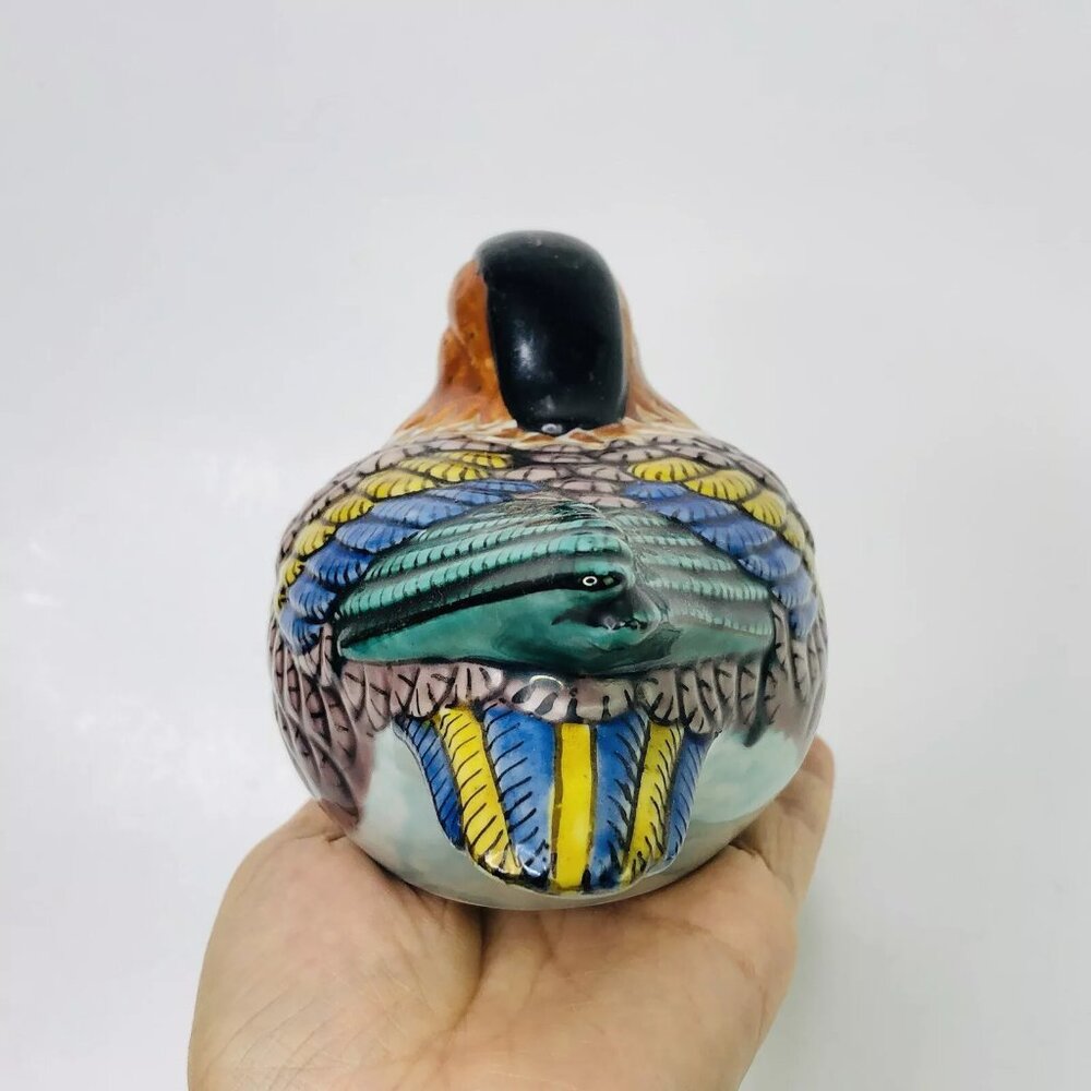 Vintage Bird Figurine Japanese Kutani Mandarin Duck Painted Gilded Signed Stamp - Picture 4 of 9